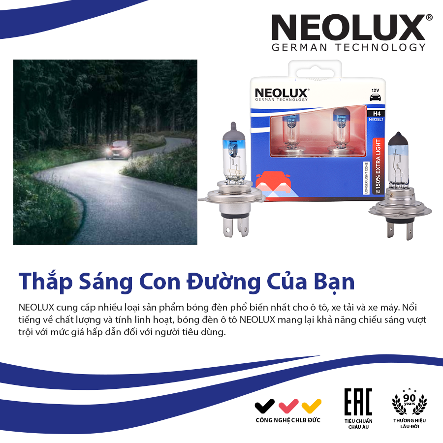 Bóng Halogen Tăng Sáng 150% H4 12V 60/55W N472EL1-2SCB Hiệu Neolux