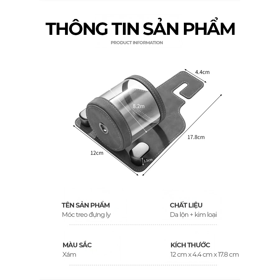 CIND BO-L021 (Xám) Móc treo đôi + đựng ly sau ghế (da)
