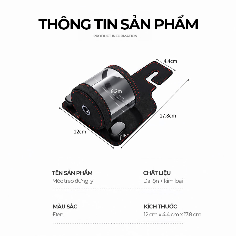 CIND BO-L021 (Đen) Móc treo đôi + đựng ly sau ghế (da)
