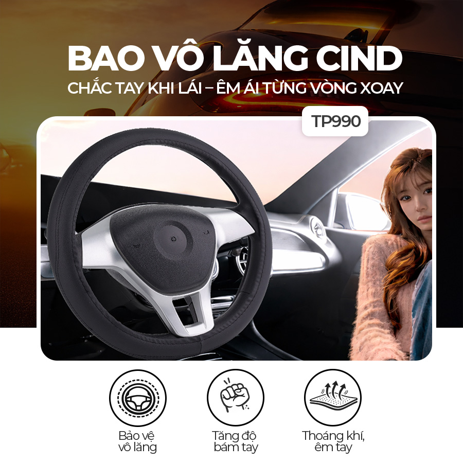 Bao vô lăng CIND PU+TPE TP990 size M đen