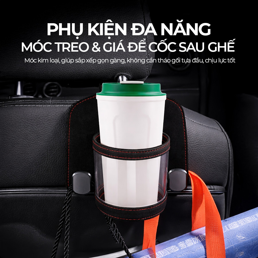 CIND BO-L021 (Đen) Móc treo đôi + đựng ly sau ghế (da)